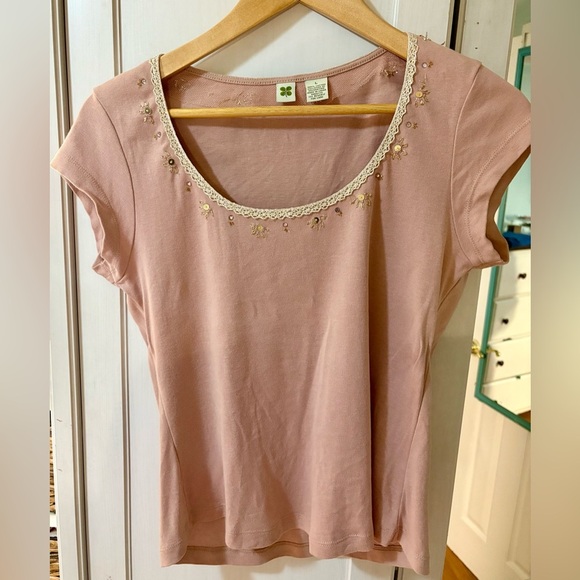Vintage Y2K Blush Embellished Short Sleeve Top Large - Picture 2 of 5